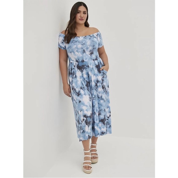 Torrid Blue Tie Dye Off The Shoulder Super Soft Knits Culotte Jumpsuit - Picture 2 of 15